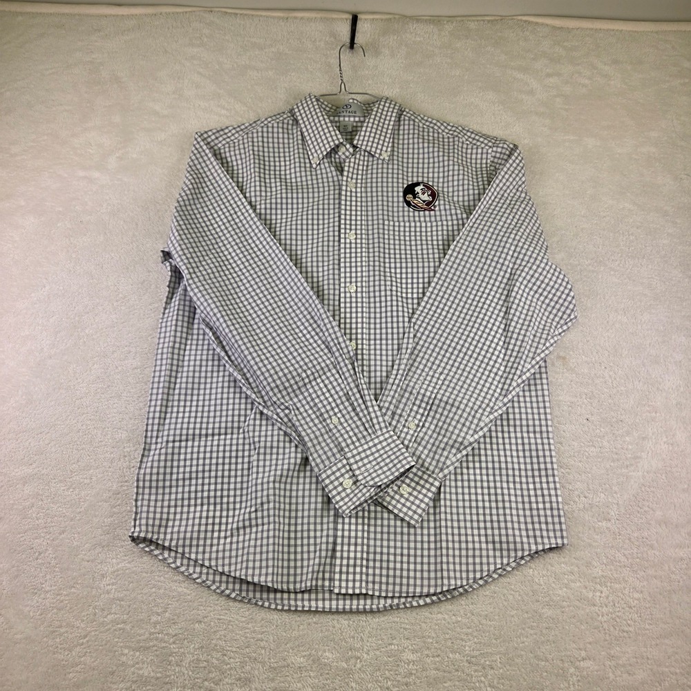 Vantage Mens Florida State Seminoles FSU Gingham Button Down Shirt Grey MD
